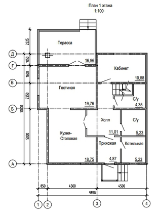 План 1-го этажа дома из бруса 10х10 метров