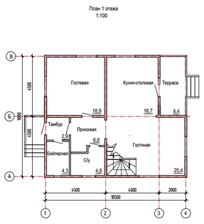 План 1-го этажа дома из бруса 10,5х9 метров