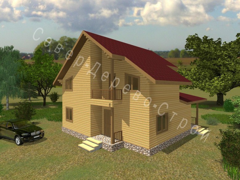 Проект деревянного дома из бруса 10 х 9,3 метра. Вид со стороны