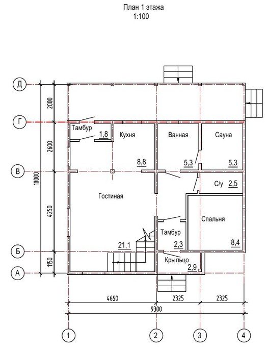 План 1 этажа двухэтажного дома из бруса 10 х 9,3