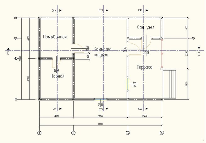 План первого этажа деревянного дома-бани из бруса 6х9 метров