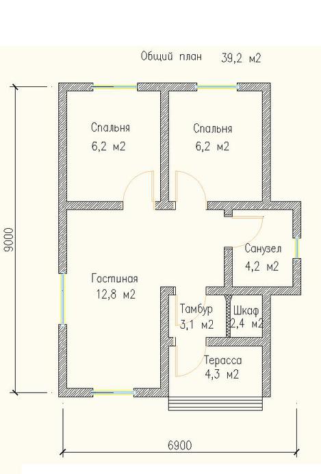План 1-го этажа дома из бруса 6,9х9 метров