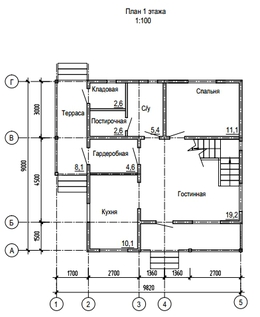 План 1-го этажа дома из бруса 9,8х9 метров