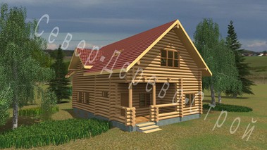 Проект деревянного дома из круглого бревна 11,2х8 метров. Внешний вид с угла на обе стороны дома