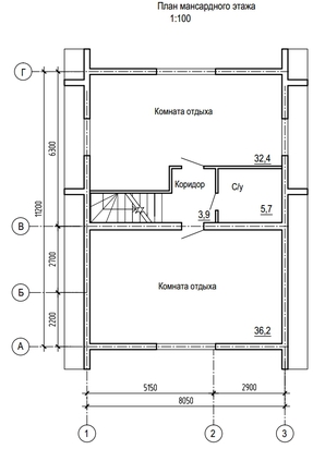 План мансардного этажа дома из круглого бревна 11,2х8 метров