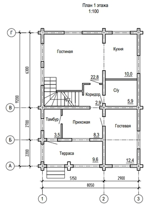 План 1-го этажа дома из круглого бревна 11,2х8 метров