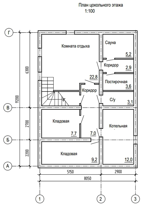План цокольного этажа дома из круглого бревна 11,2х8 метров