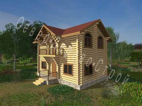 Проект деревянного дома из круглого бревна 5,7х9 метров. Вид со стороны
