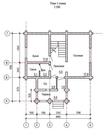 План 1-го этажа дома из круглого бревна 9х9,4 метра